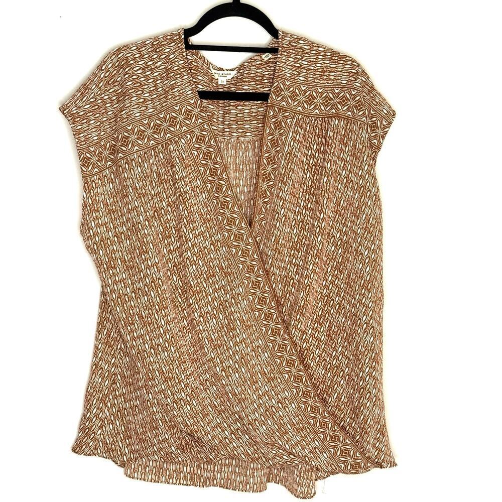 Max Studio London Brown Cream Abstract Sleeveless Faux Wrap Top Plus  Size 3X